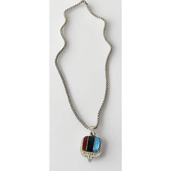Vintage Taxco Sterling Silver Inlay Pendant Necklace – Coral Onyx Turquoise- 27” - Picture 5 of 16